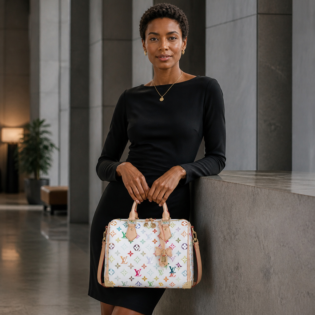 Multicolor Buckle Trim Handbag — model b editorial — White Multicolor Monogram — Buckle Trim