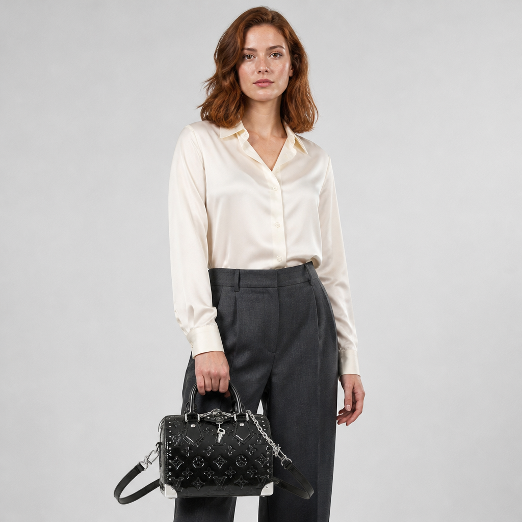 Black Embossed Silver Trim Bag — model a studio — Black Embossed Monogram — Silver Corner Plates