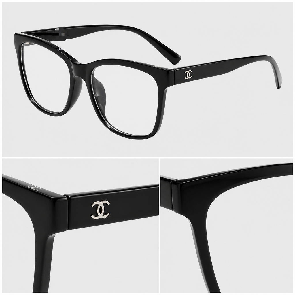 Classic Black Square Eyewear — close-up collage of visible material and hardware details