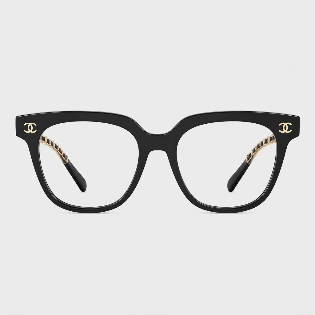 Rounded Square Chain-Detail Eyewear — Black frame with clear lenses and black-and-cream patterned temples; complete front view