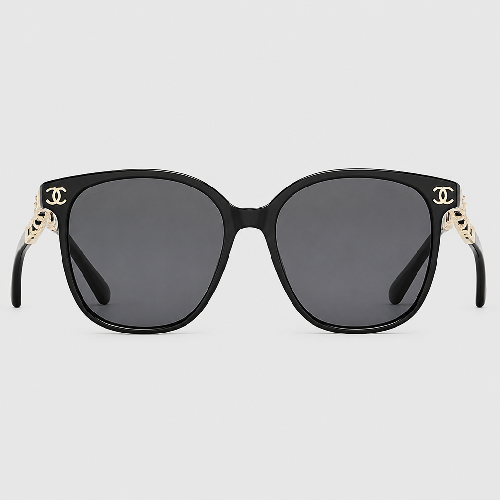 Soft Cat-Eye Eyewear — black frame with dark gray tinted lenses and patterned gold-tone temple sections; complete front view