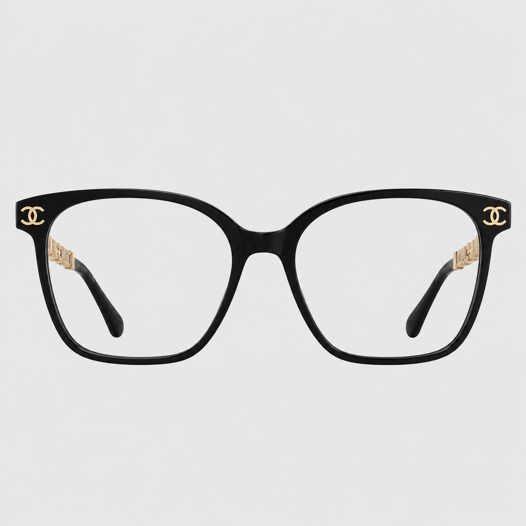 Soft Cat-Eye Eyewear — black frame with clear lenses and patterned gold-tone temple sections; complete front view