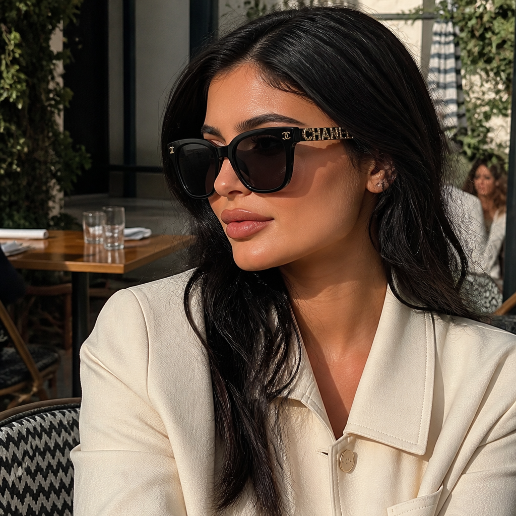 Adult model wearing decorative temple square eyewear in a lifestyle setting