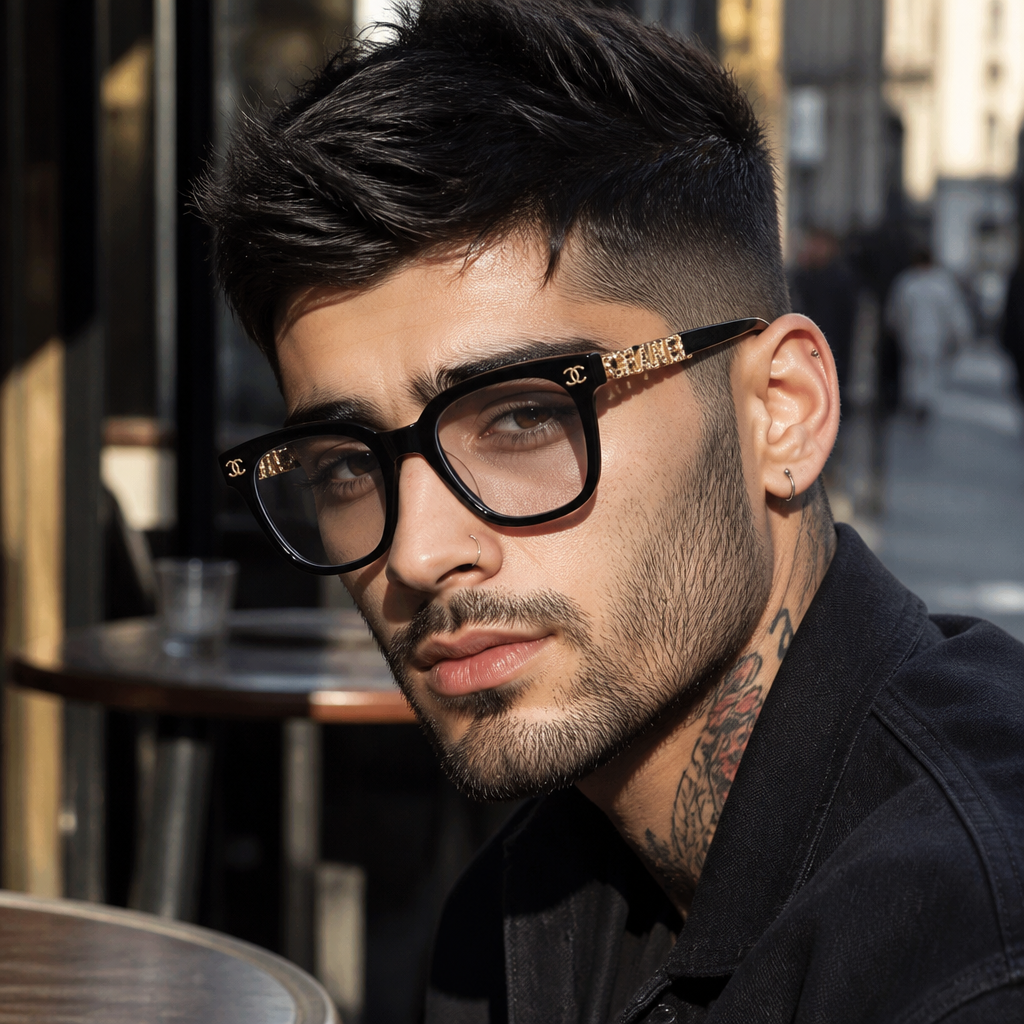 Adult model wearing decorative temple square eyewear in a lifestyle setting