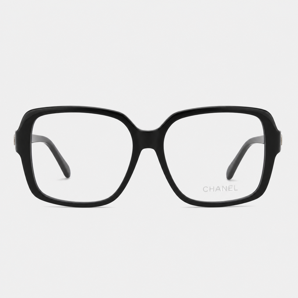 Logo-Temple Square Eyewear — black frame with clear lenses; complete front view
