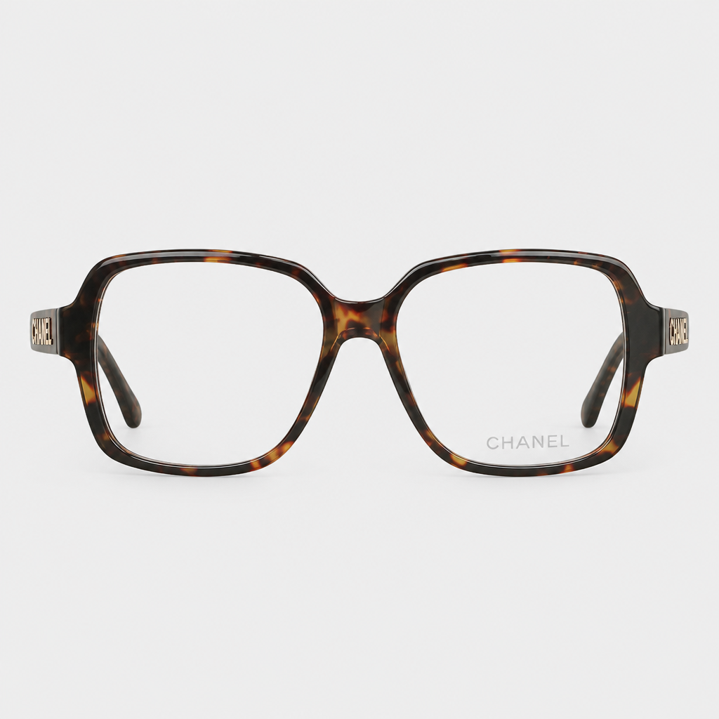 Logo-Temple Square Eyewear — brown tortoiseshell frame with clear lenses; complete front view
