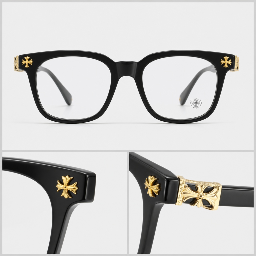 Square Cross-Detail Eyeglass Frames — close-up collage of visible material and hardware details