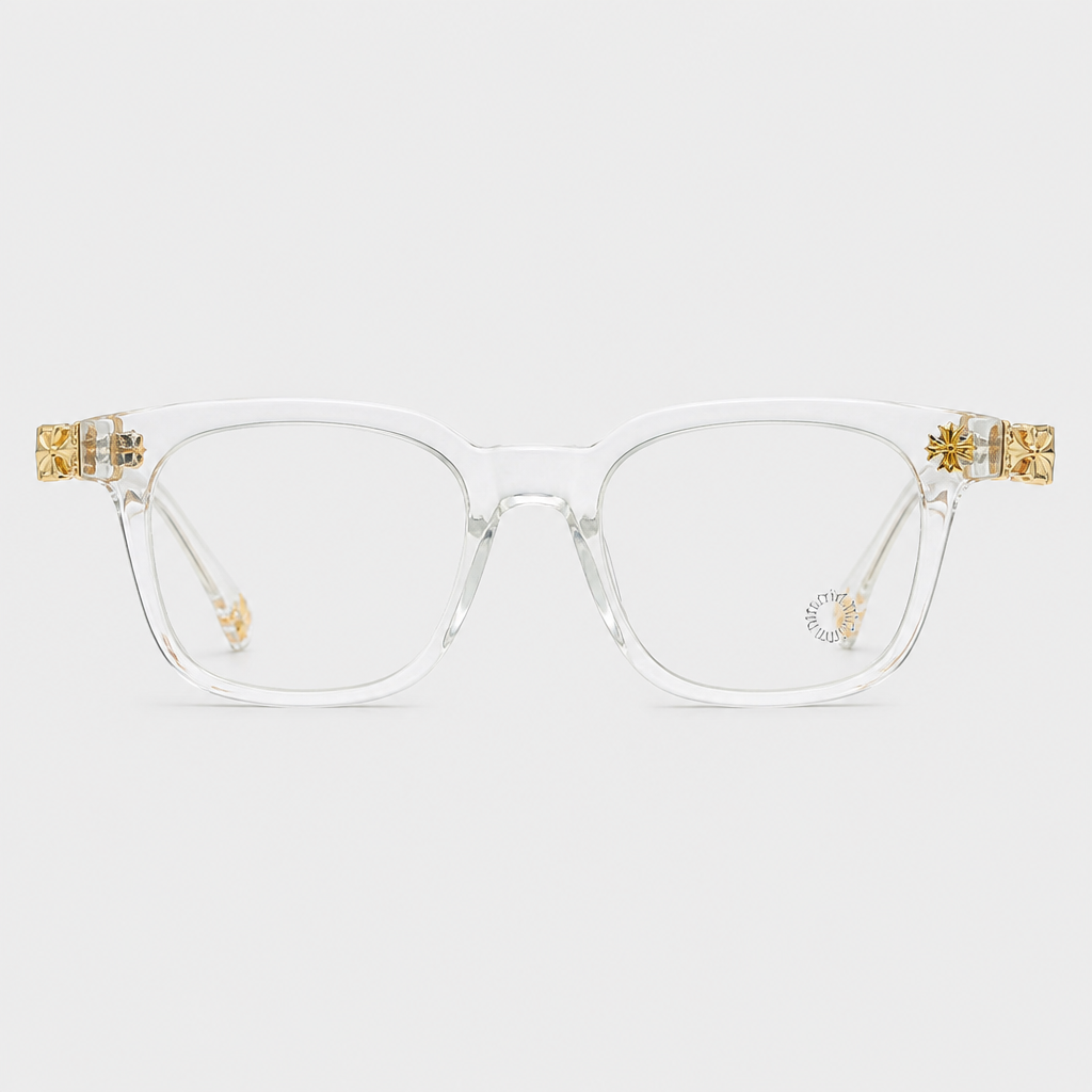 Square Cross-Detail Eyeglass Frames — clear frame with gold-tone decorative accents; complete front view