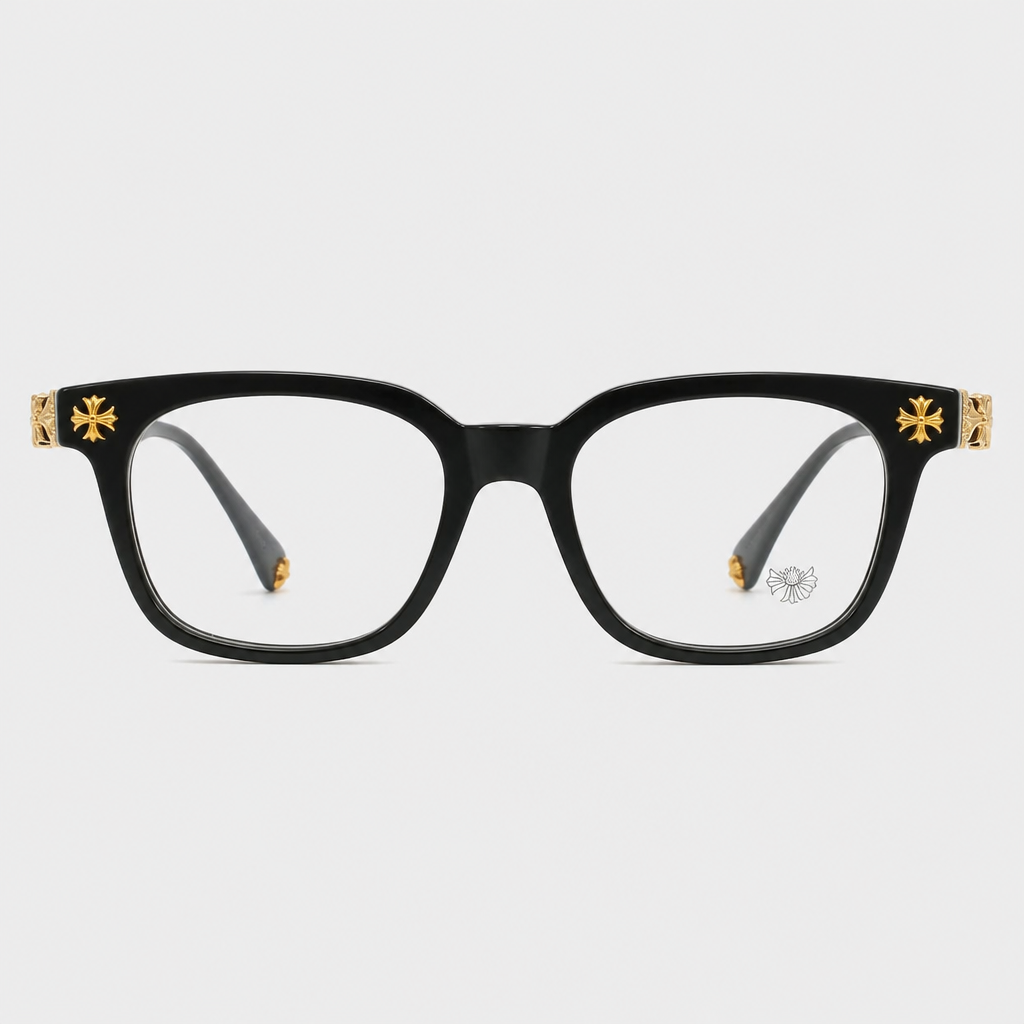 Square Cross-Detail Eyeglass Frames — black frame with gold-tone decorative accents; complete front view