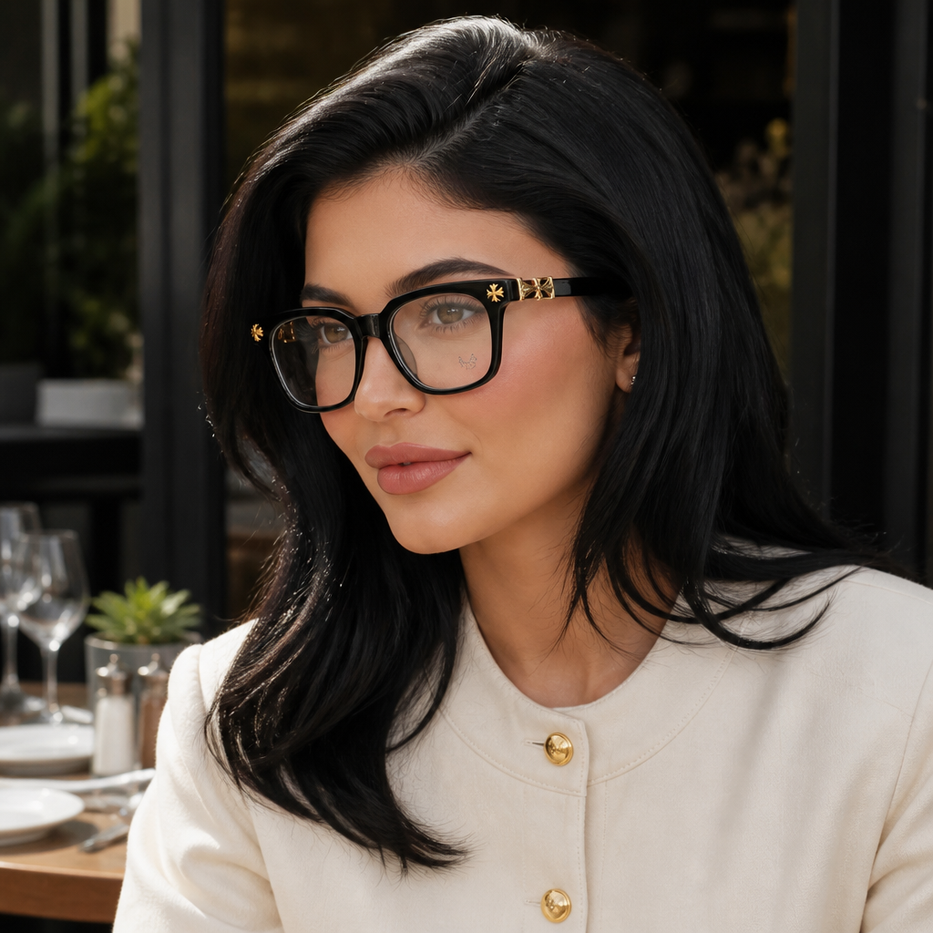Adult model wearing square cross-detail eyeglass frames in a lifestyle setting
