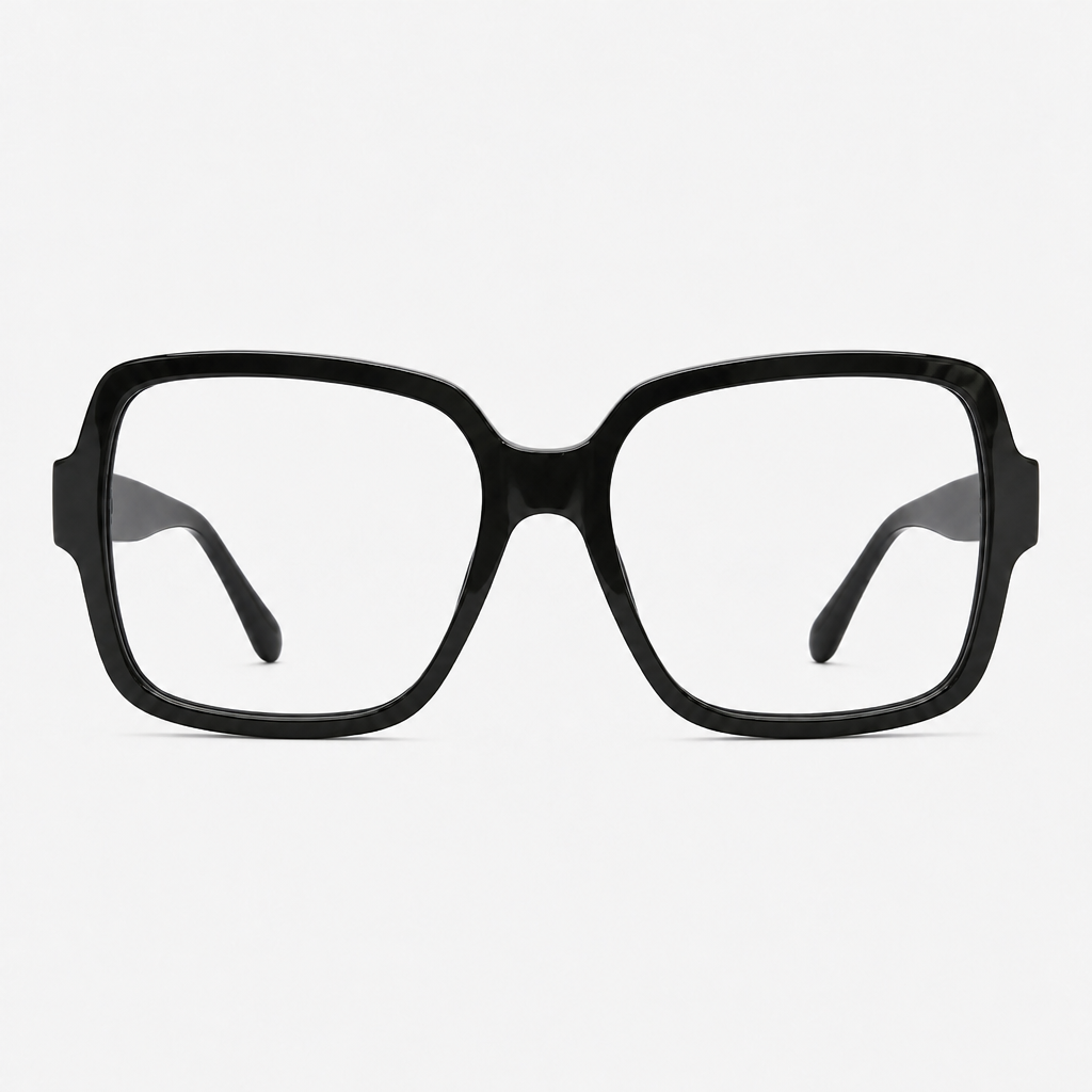 Oversized Square Logo Frames — Black frame with contrasting white temple lettering; complete front view