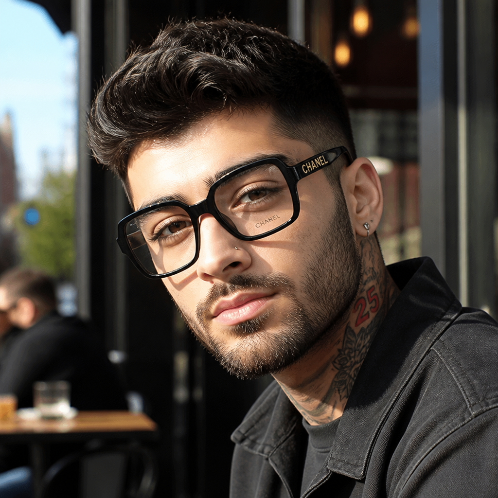 Adult model wearing oversized square logo frames in a lifestyle setting