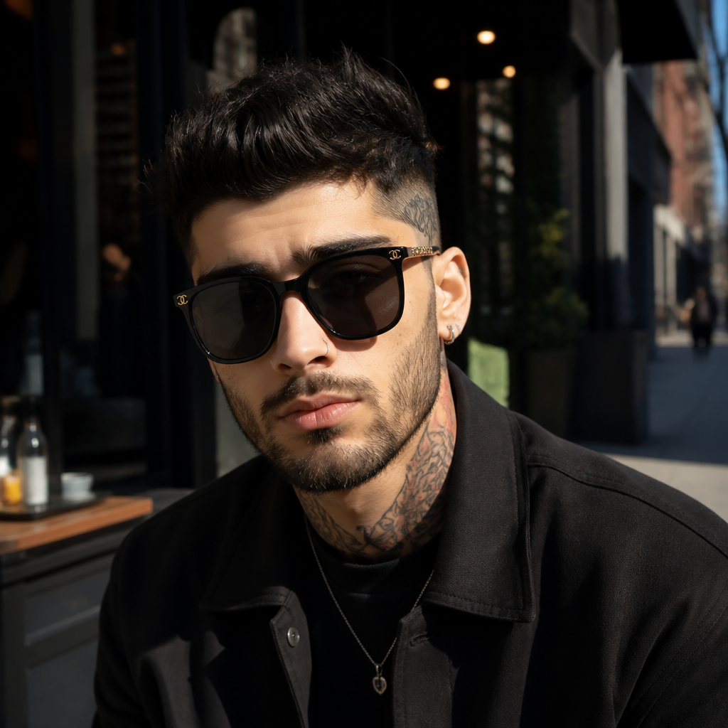 Adult model wearing logo-accent square eyewear in a lifestyle setting