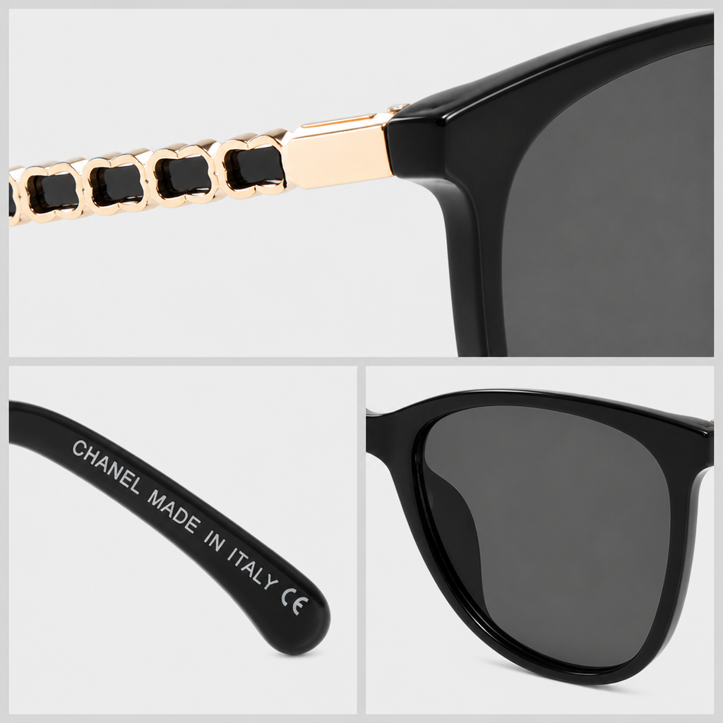 Chain-Detail Square Eyewear — close-up collage of visible material and hardware details
