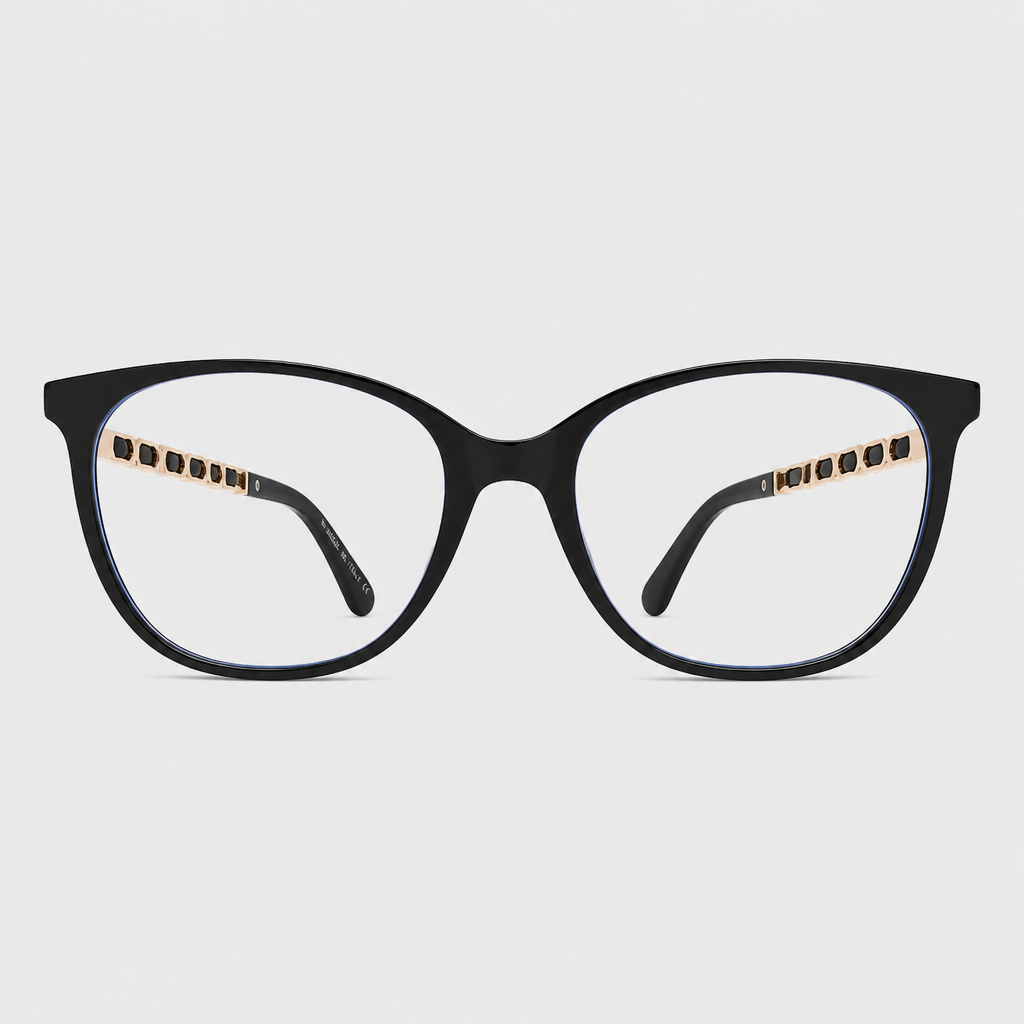 Chain-Detail Square Eyewear — black frame with clear lenses, patterned light-and-dark temples, and gold-tone temple accents; complete front view