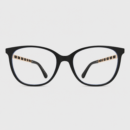 Chain-Detail Square Eyewear — black frame with clear lenses, patterned light-and-dark temples, and gold-tone temple accents; complete front view