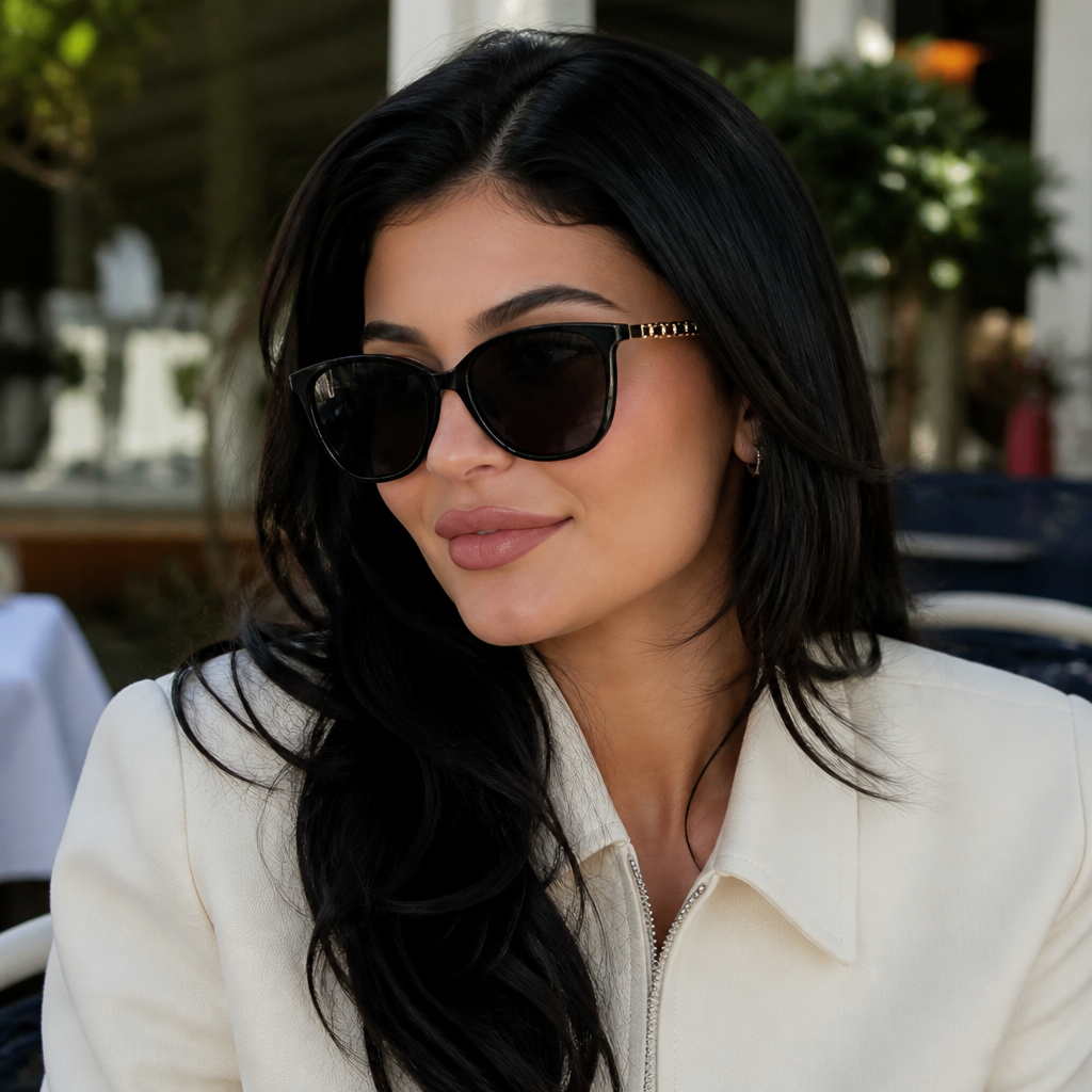 Adult model wearing chain-detail square eyewear in a lifestyle setting