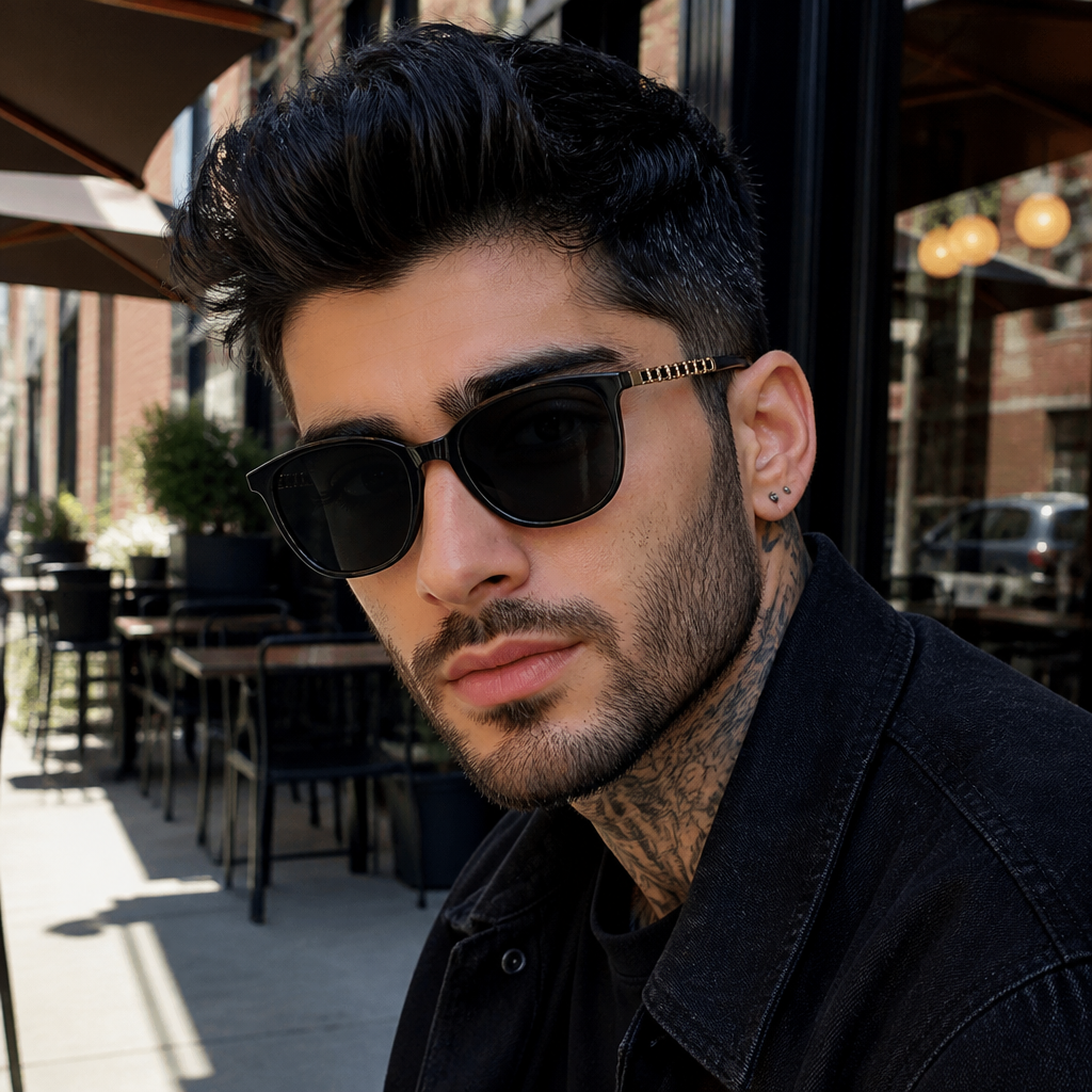 Adult model wearing chain-detail square eyewear in a lifestyle setting