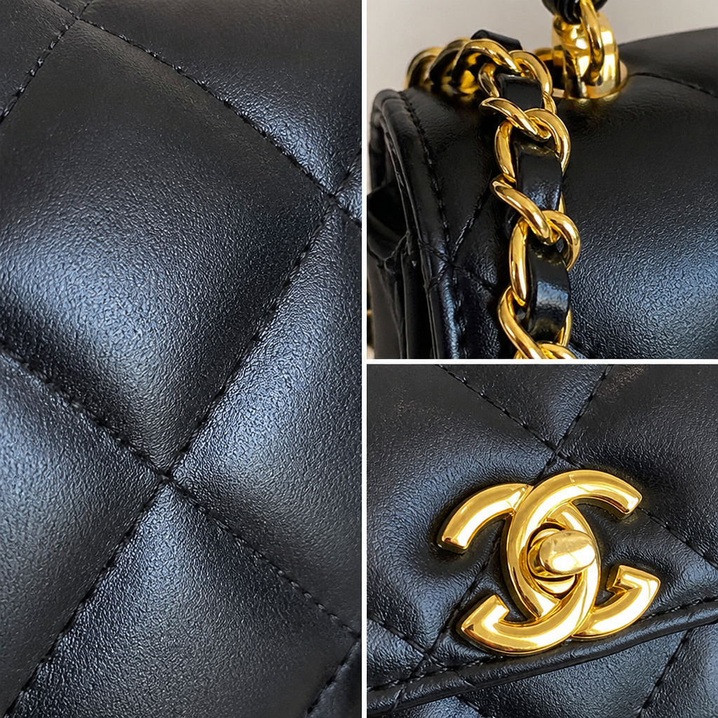 Quilted Chain Shoulder Bag — close-up collage of visible material and hardware details