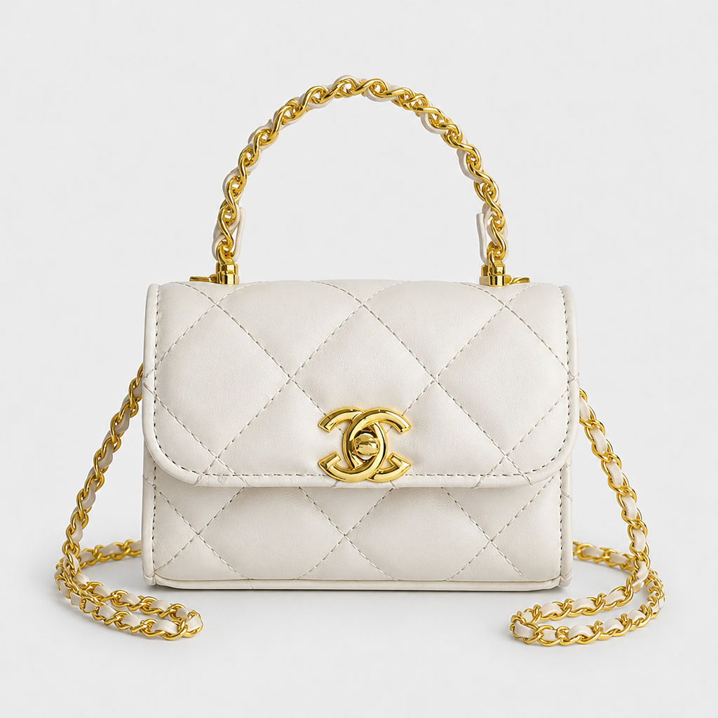 Quilted Chain Shoulder Bag — White; complete front view