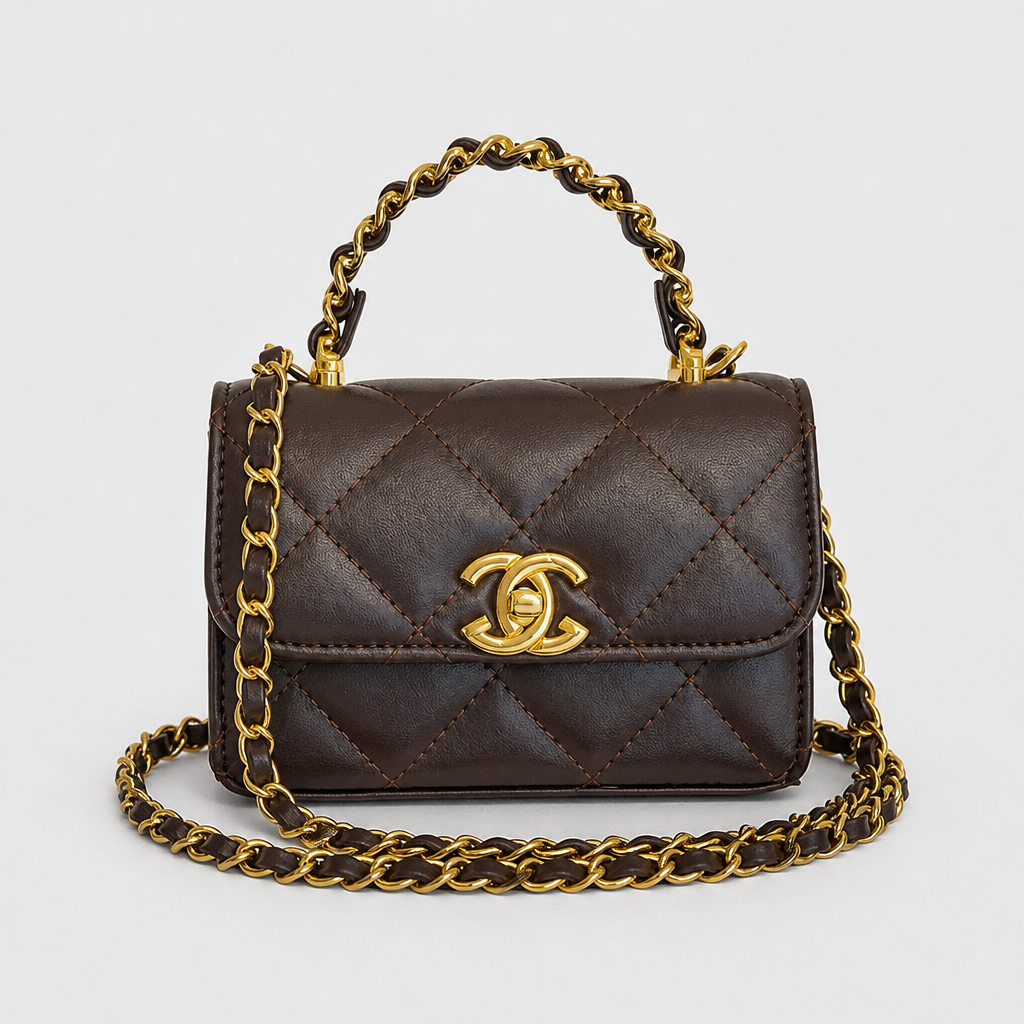 Quilted Chain Shoulder Bag — Brown; complete front view