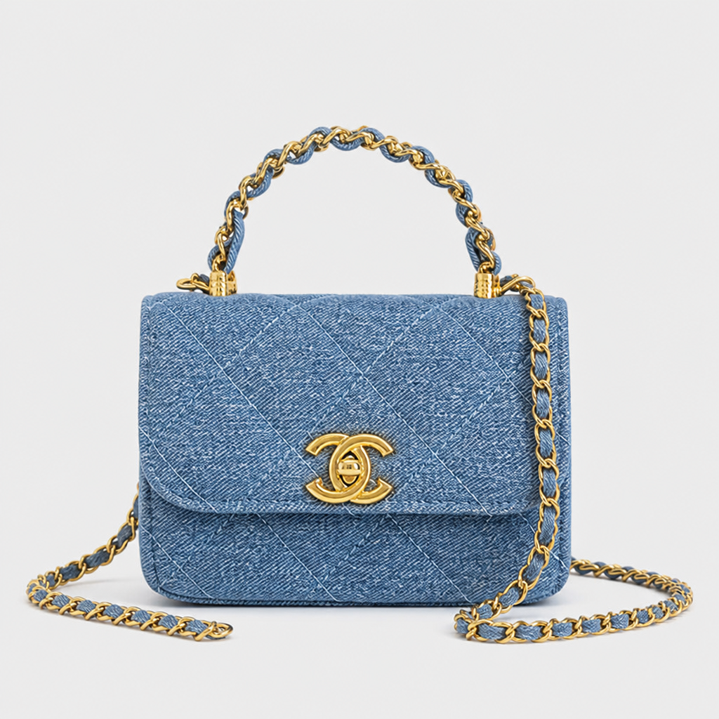 Quilted Chain Shoulder Bag — Blue; complete front view