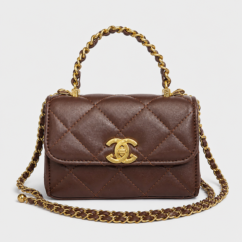 Quilted Chain Shoulder Bag — Coffee; complete front view