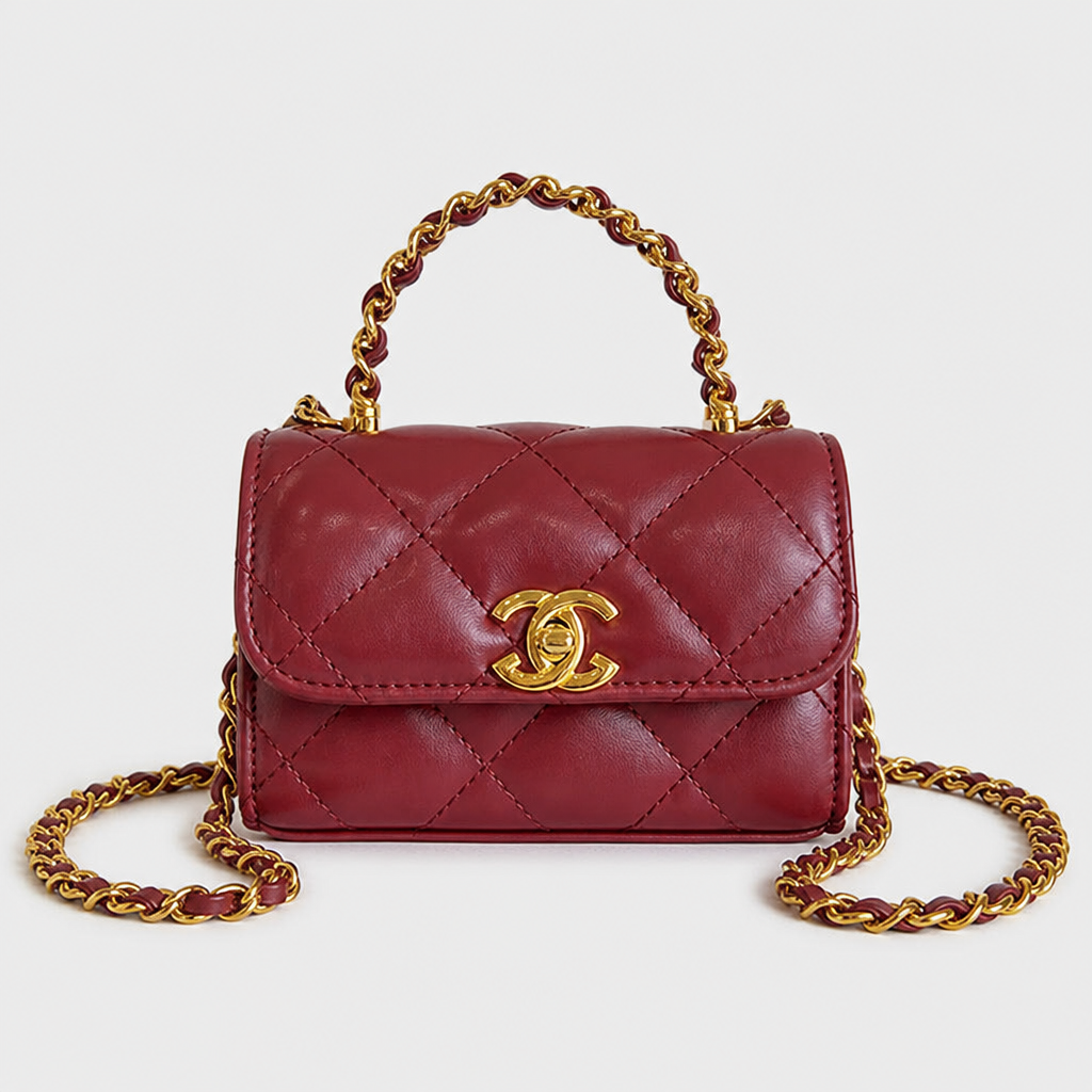 Quilted Chain Shoulder Bag — Red; complete front view