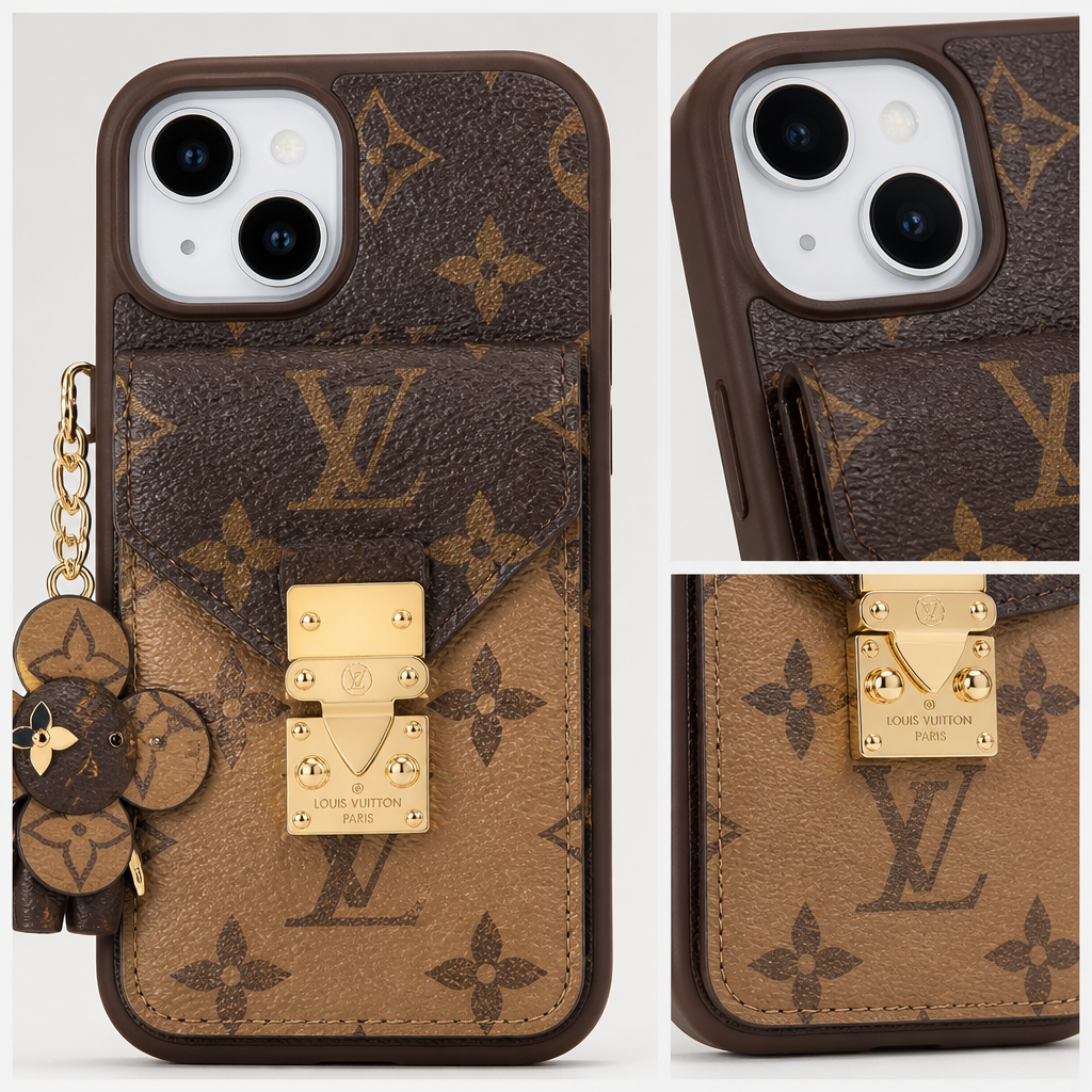 Tan Monogram Card-Holder — close-up details of material, pattern and hardware.