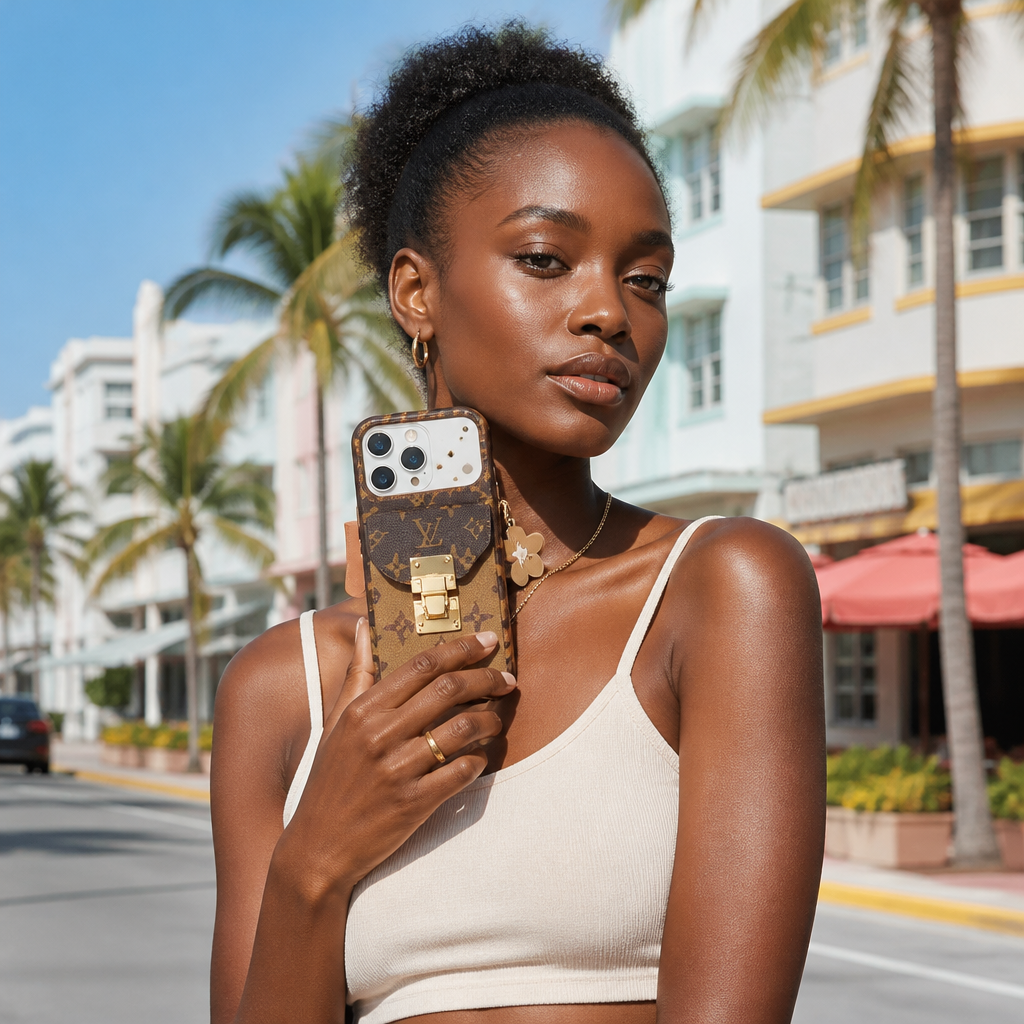 Tan Monogram Card-Holder — lifestyle photo in Miami.