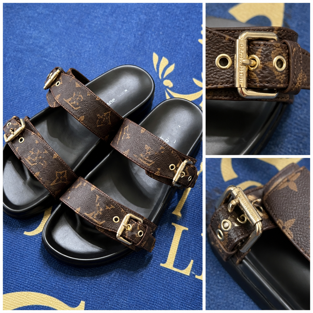 Brown Monogram Double Buckle — close-up details of material, pattern and hardware.