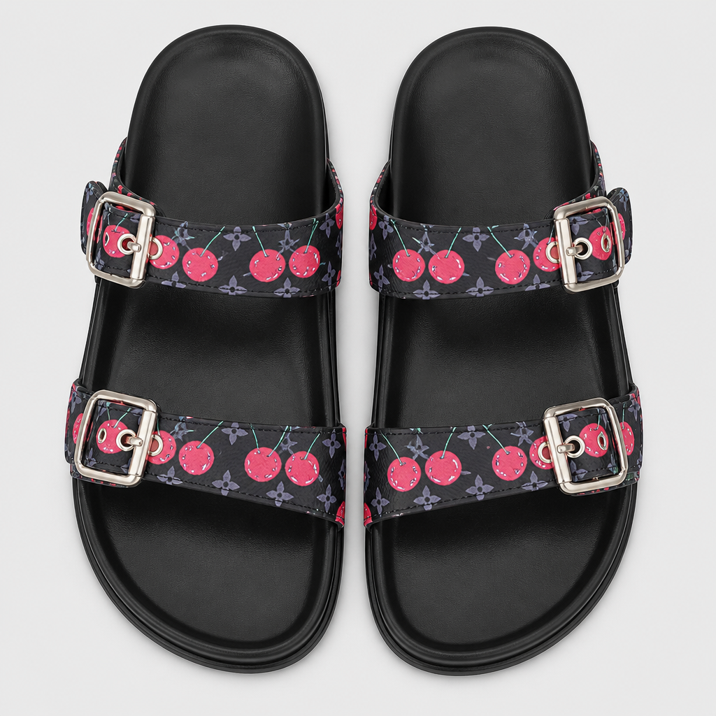 Black Cherry-Print Double Buckle — front view.