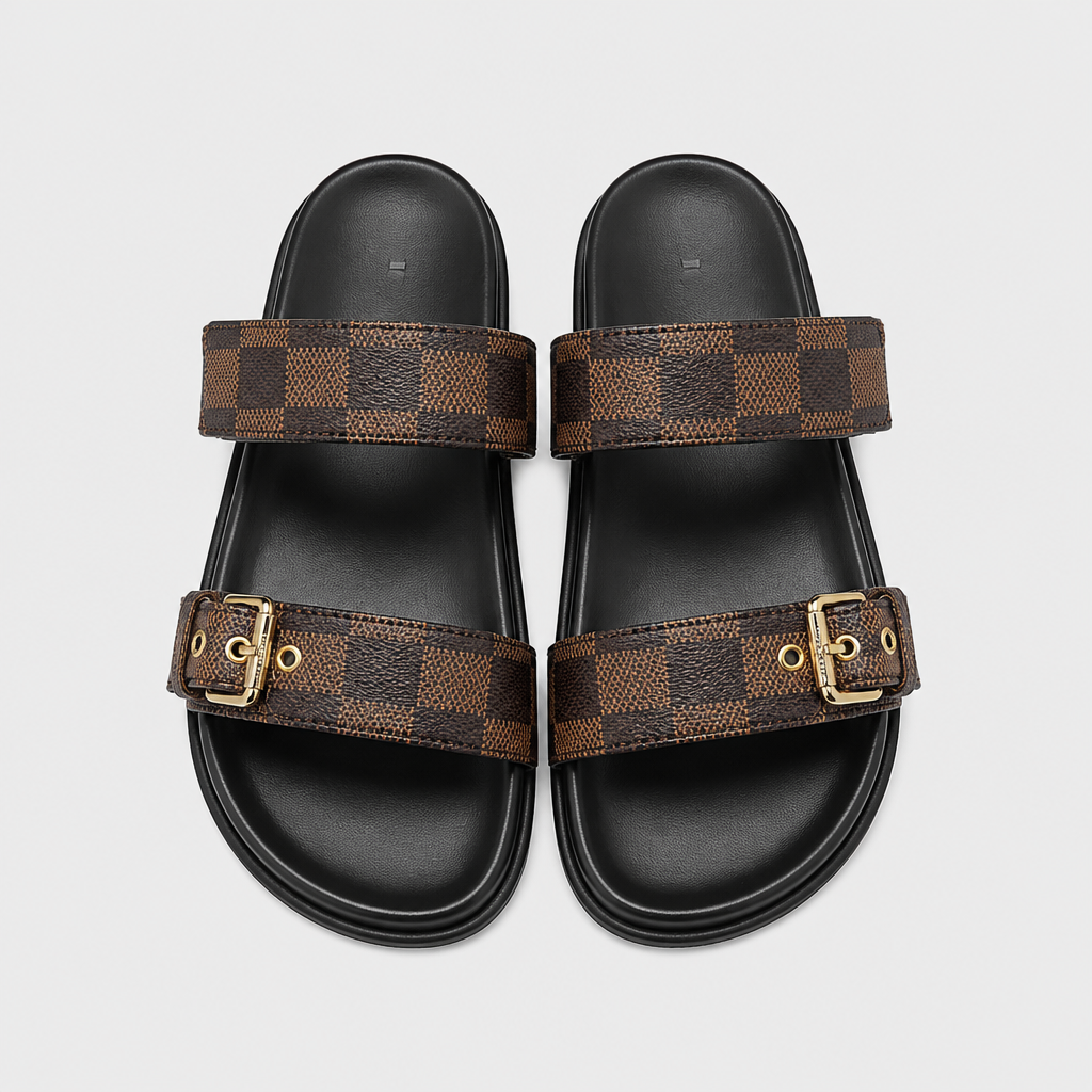 Brown Check Single Buckle — front view.