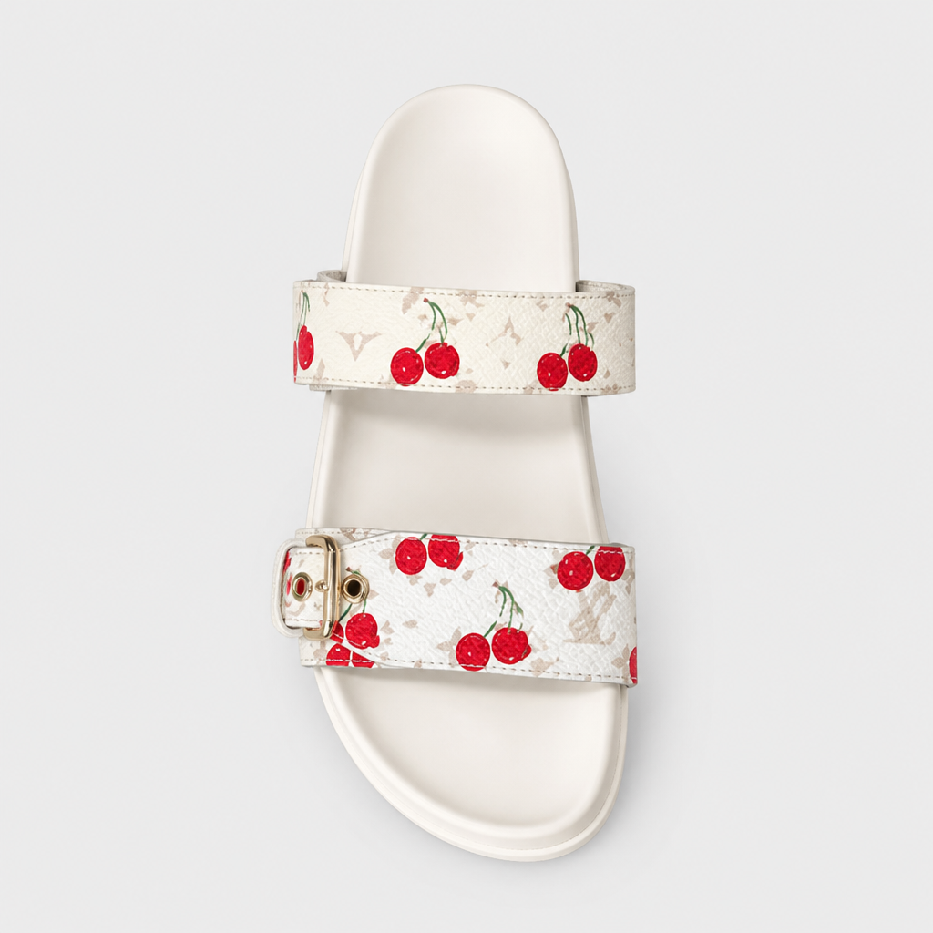 White Cherry-Print Single Buckle — front view.