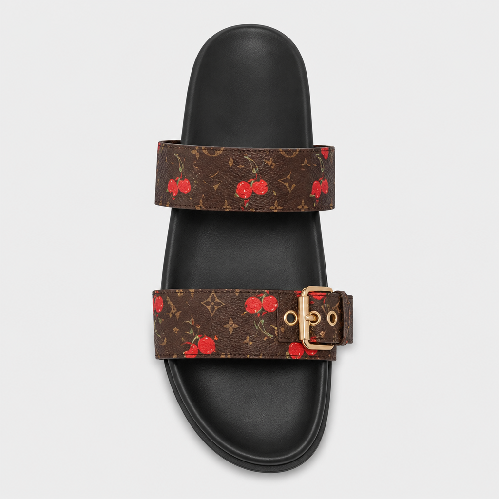 Brown Cherry-Print Single Buckle — front view.