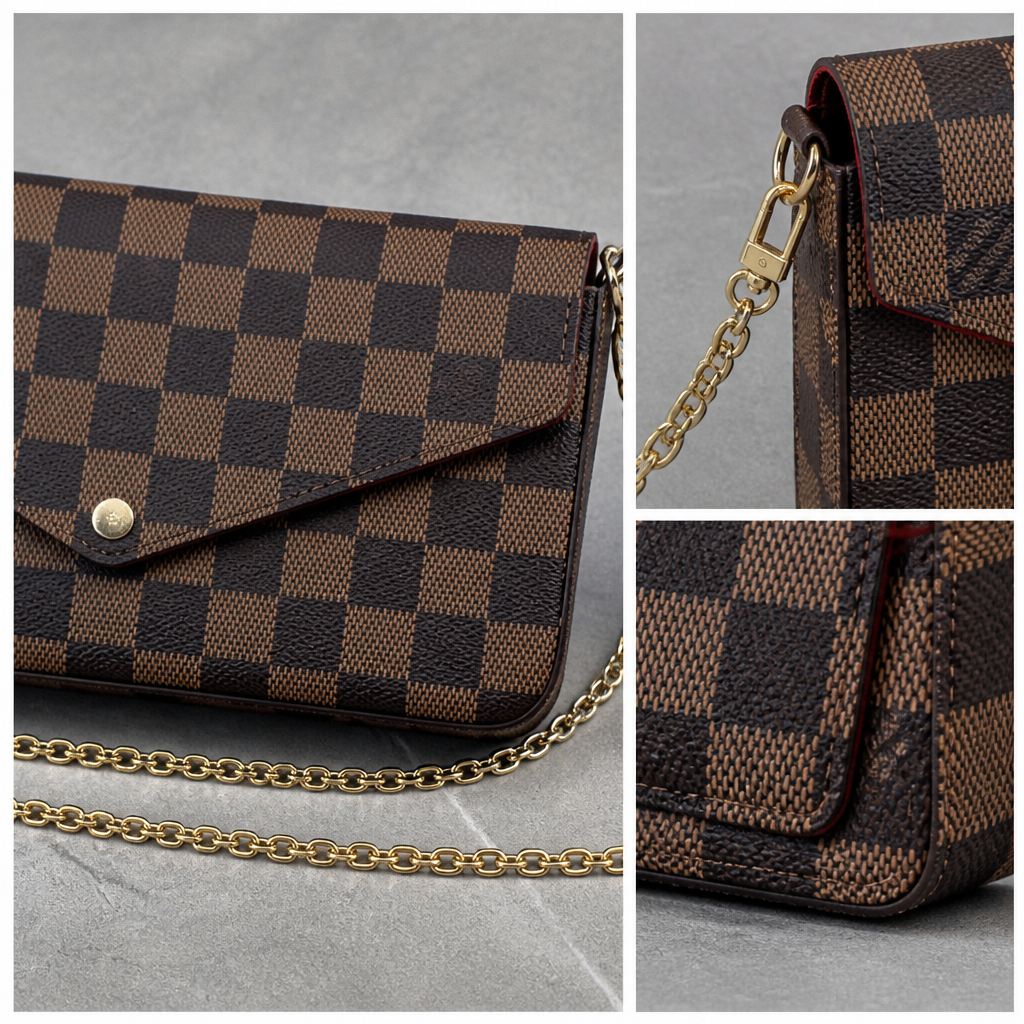Brown Check & Red Accessories — close-up details of material, pattern and hardware.