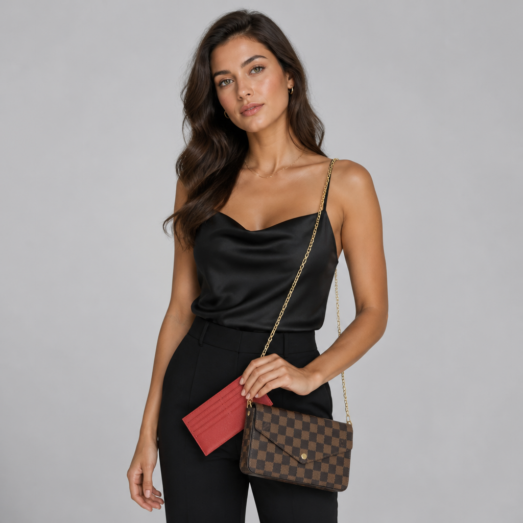 Brown Check & Red Accessories — studio model photo.