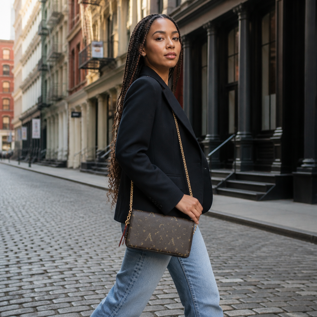 Dark Monogram & Burgundy Accessories — lifestyle photo in New York City.