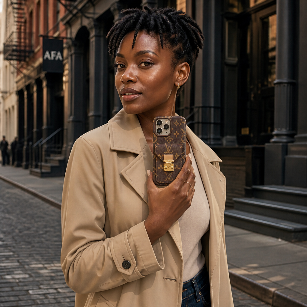 Brown Floral Monogram with Gold-Tone Clasp — lifestyle photo in New York City.