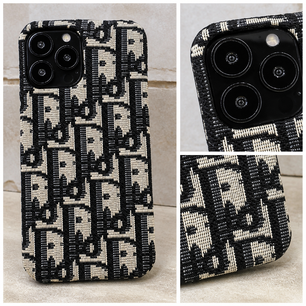 Black repeating letter-monogram case — close-up details of material, pattern and hardware.