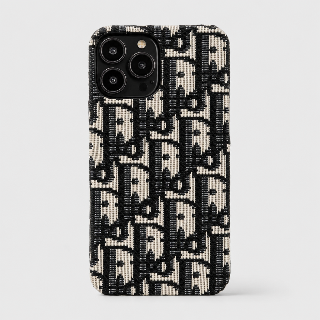 Black repeating letter-monogram case — front view.