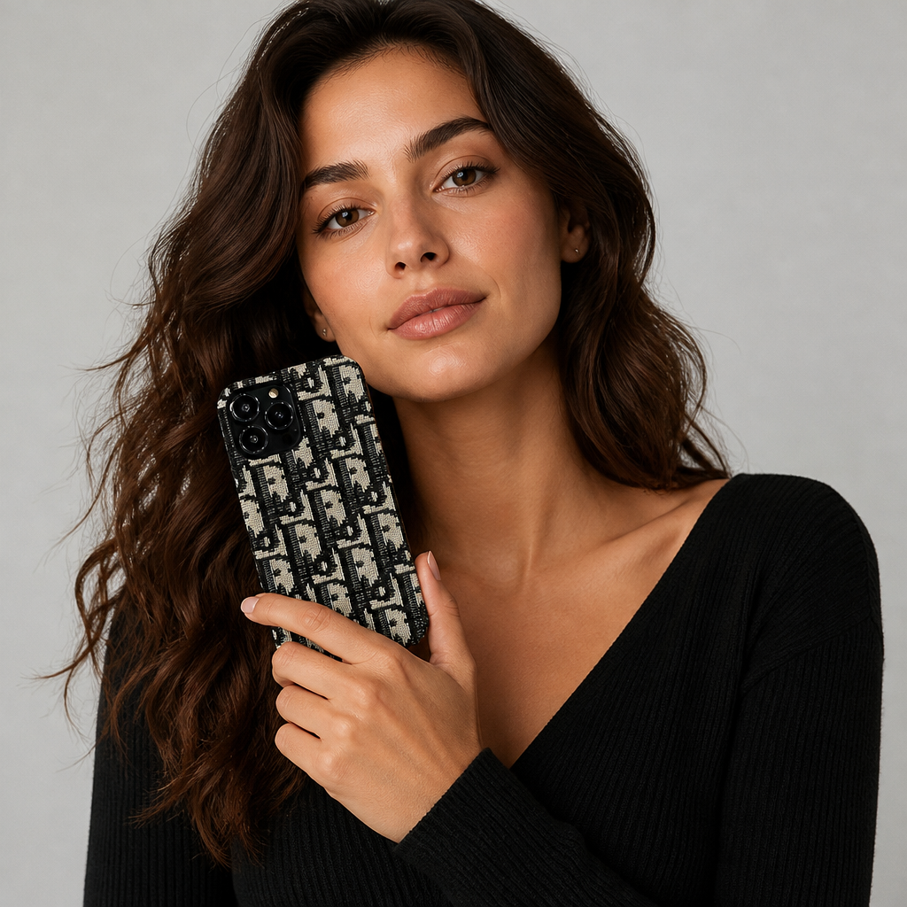 Black repeating letter-monogram case — studio model photo.