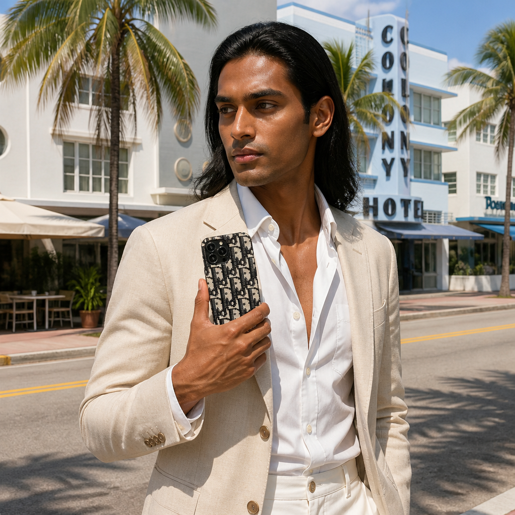 Black repeating letter-monogram case — lifestyle photo in Miami.