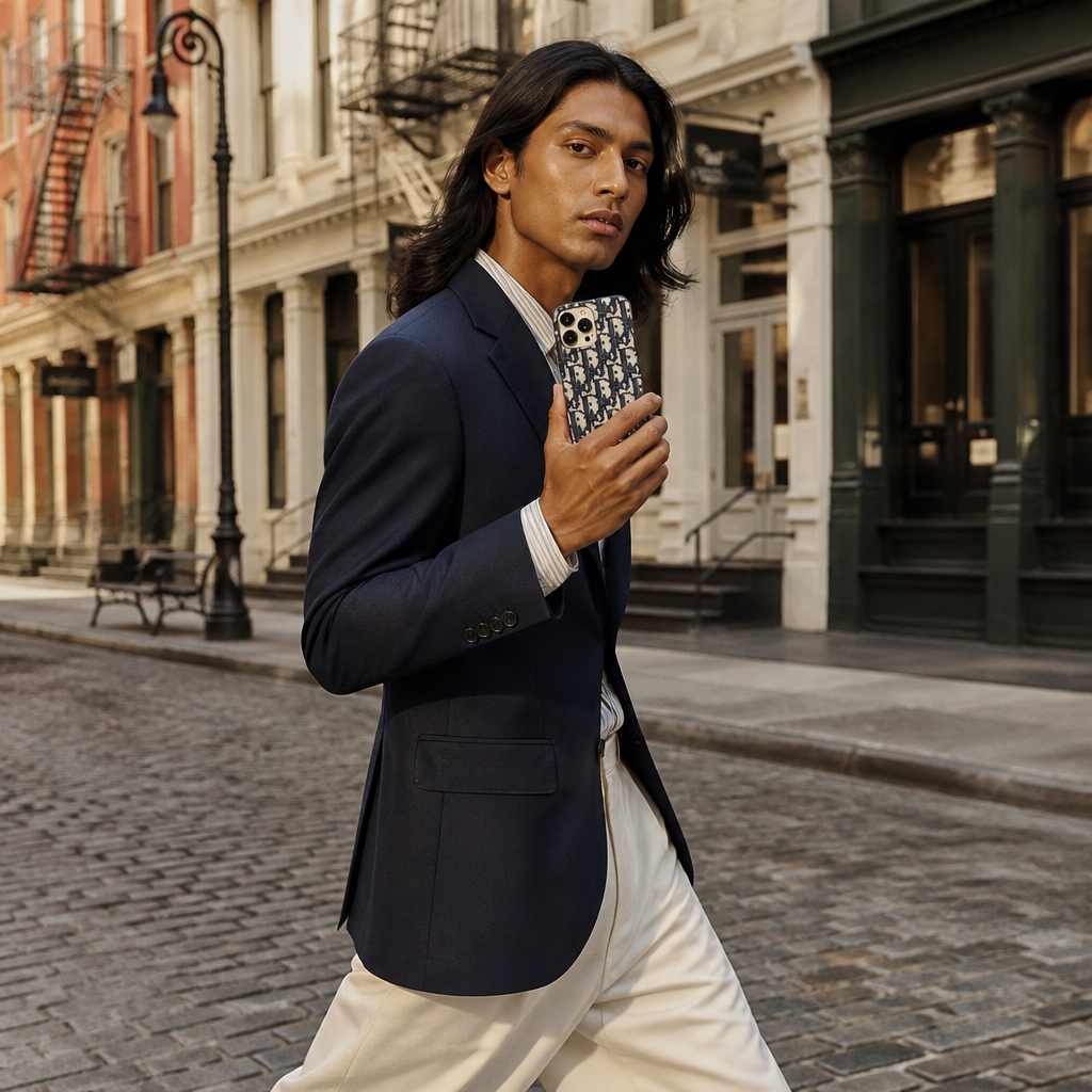 Navy blue repeating letter-monogram case — lifestyle photo in New York City.