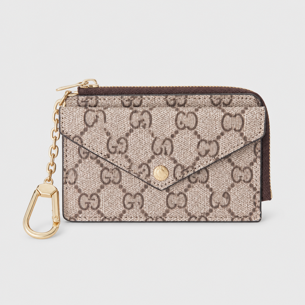 Taupe Repeating G Pattern with Gold Hook — front view.