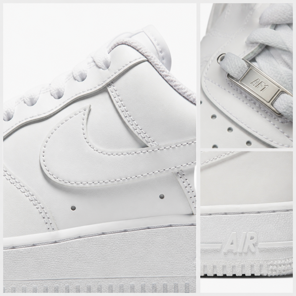 White paneled sneaker with metallic lace tag — close-up details of material, pattern and hardware.