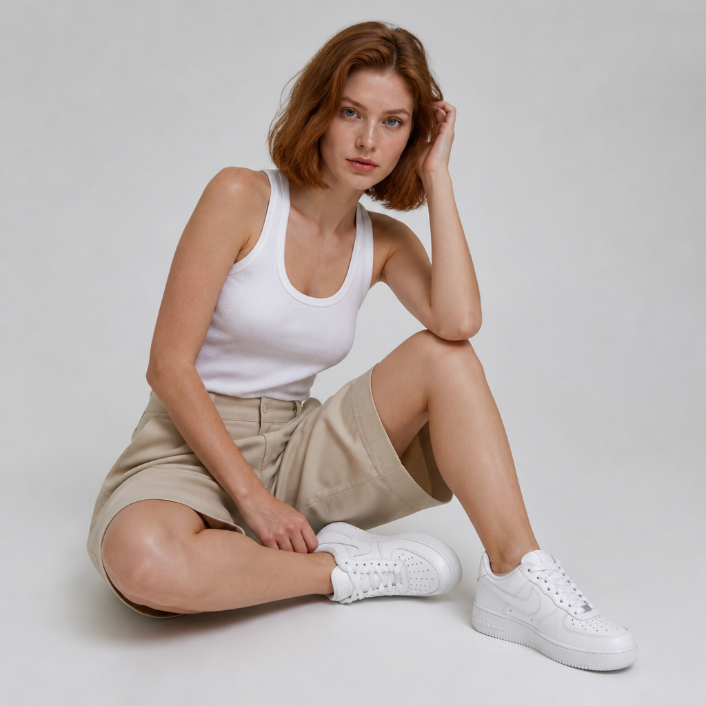 White paneled sneaker with metallic lace tag — studio model photo.
