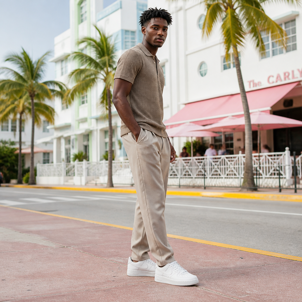White paneled sneaker with metallic lace tag — lifestyle photo in Miami.
