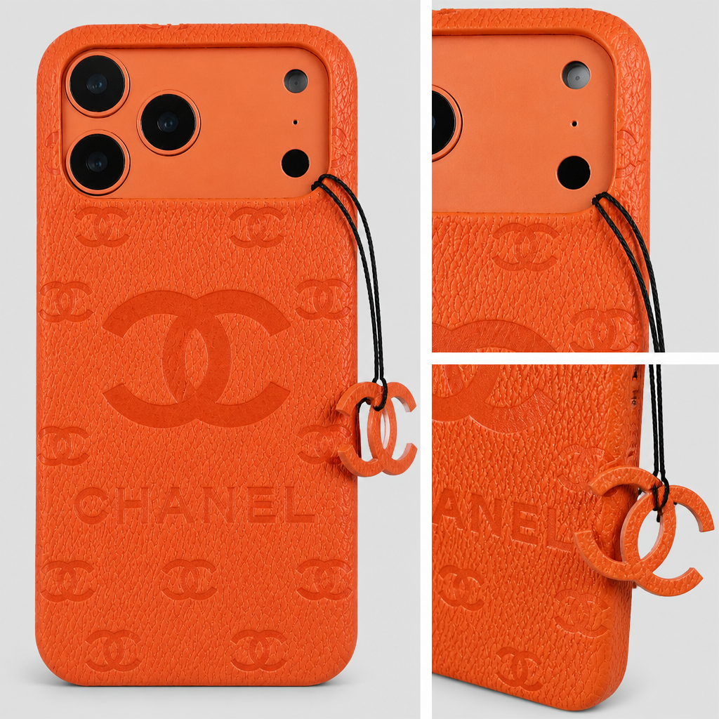 Orange — close-up details of material, pattern and hardware.