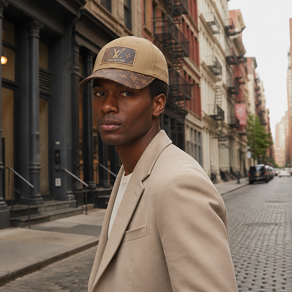 Khaki Plaque & Patterned Brim — lifestyle photo in New York City.